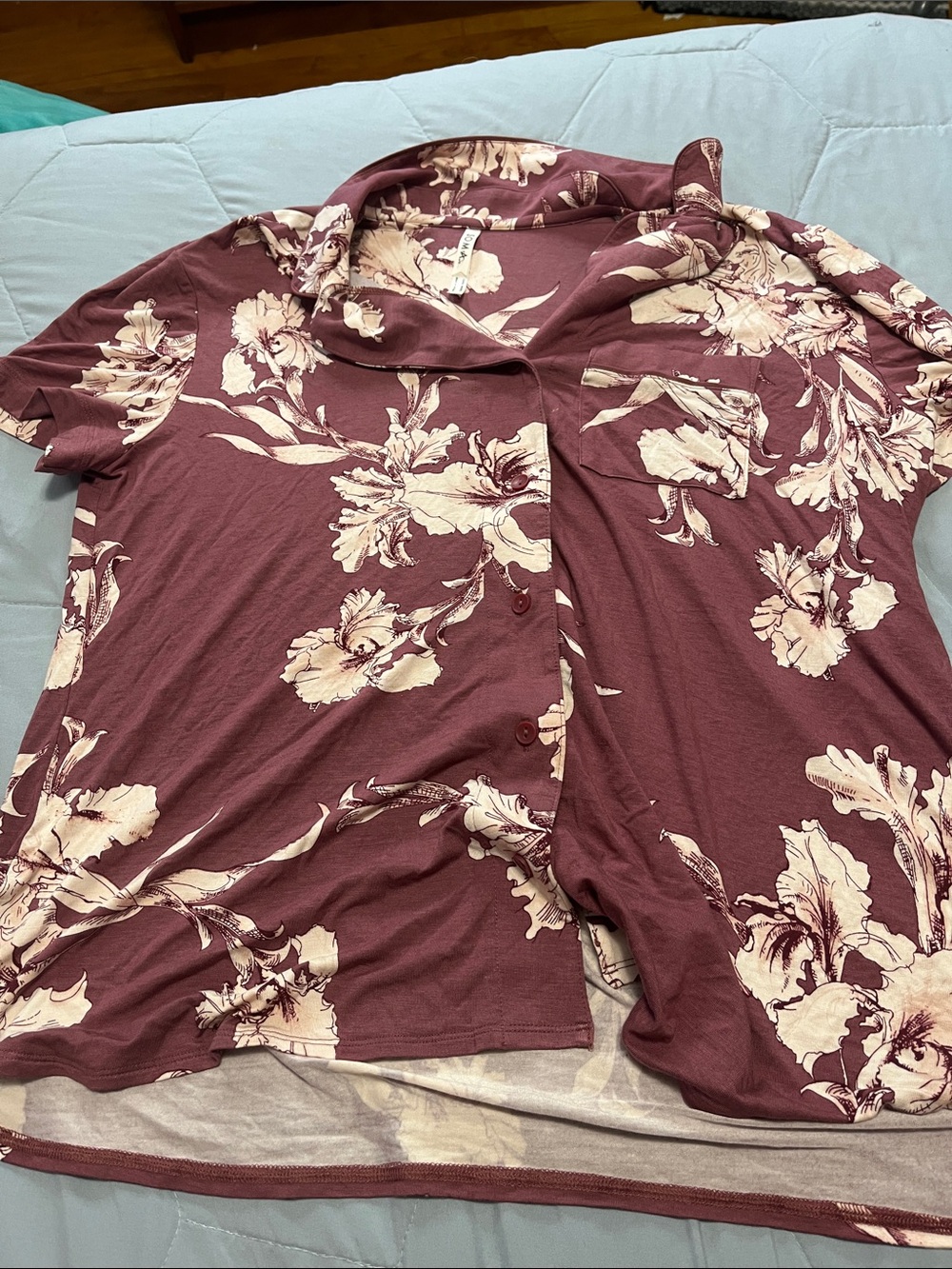 Soma Floral Button-Front Pajama Top in Burgundy and Cream